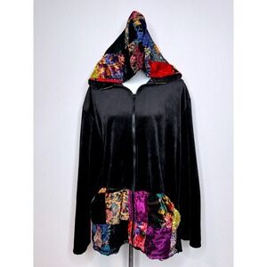 Vtg COVER CHARGE Velour Hoodie Black Patchwork Hood Pockets XL Boho Whimsigoth